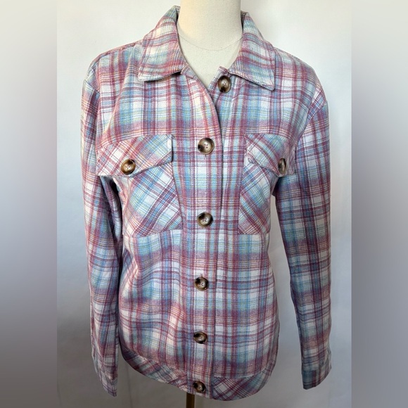 NEW w/TAGS Kut from the Kloth Magnolia Dusty Rose Blue Plaid Shirt Jacket Large - Picture 2 of 10